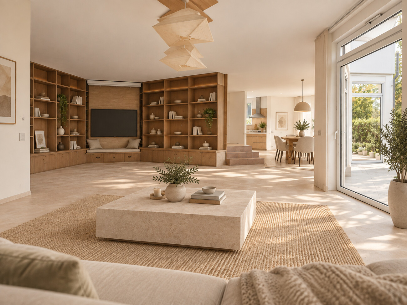 Wohnzimmer mit maßgefertigtem Couchtisch und großzügiger Fensterfront - visualisiert
